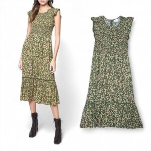 Lost + Wander Blossom and Bloom Floral Midi Dress Olive & Pink Size Medium